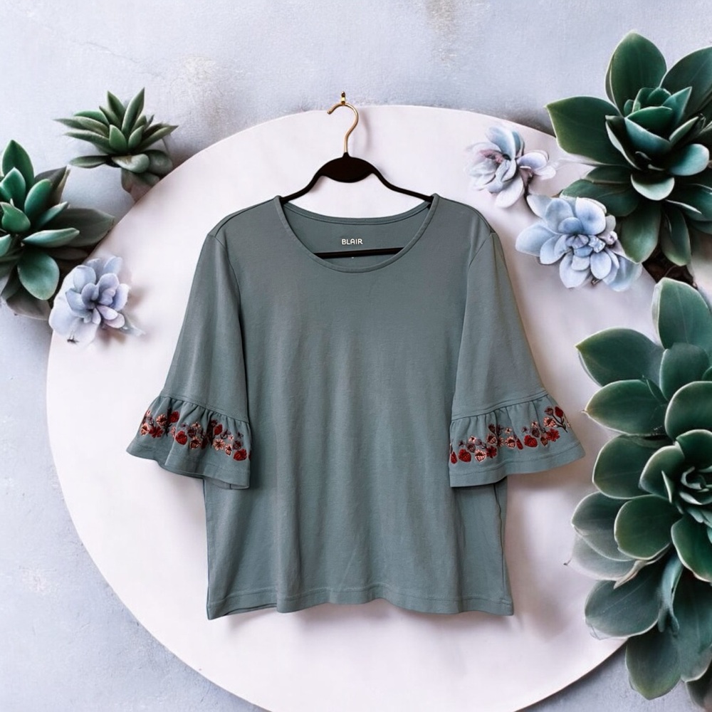 Blair Robin’s Egg Blue Top with Floral Embroidered Sleeves